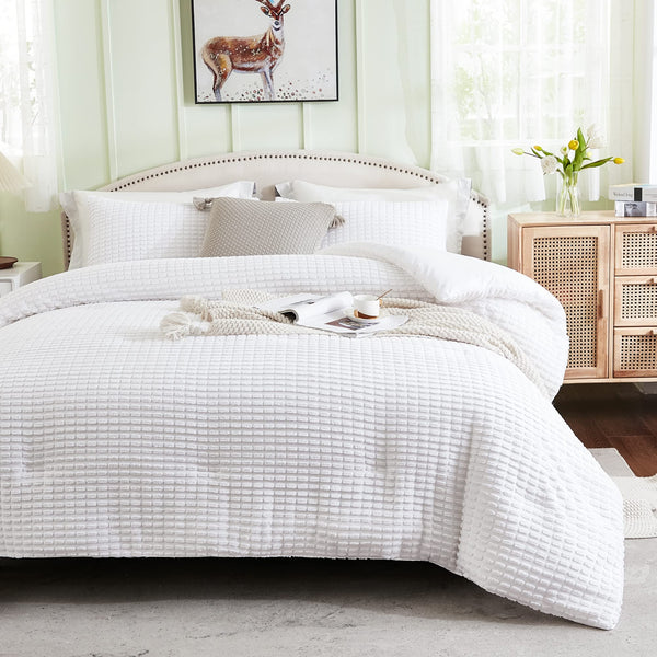 White Full Comforter Set, 3 Pieces Boho Tufted Full Size Comforter, Lightweight Soft Microfiber Bedding Comforter Set