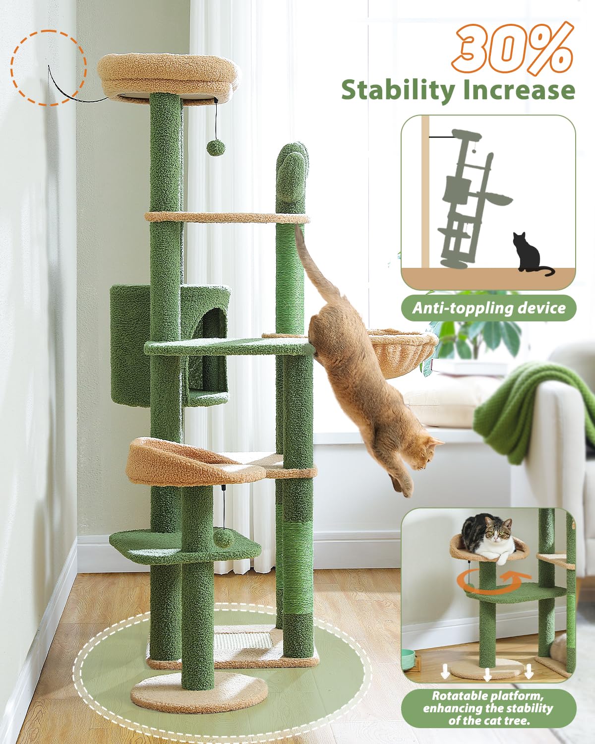 Cactus Cat Tree, Tall Cat Tree for Large Cat, Multi-Level Cat Tower