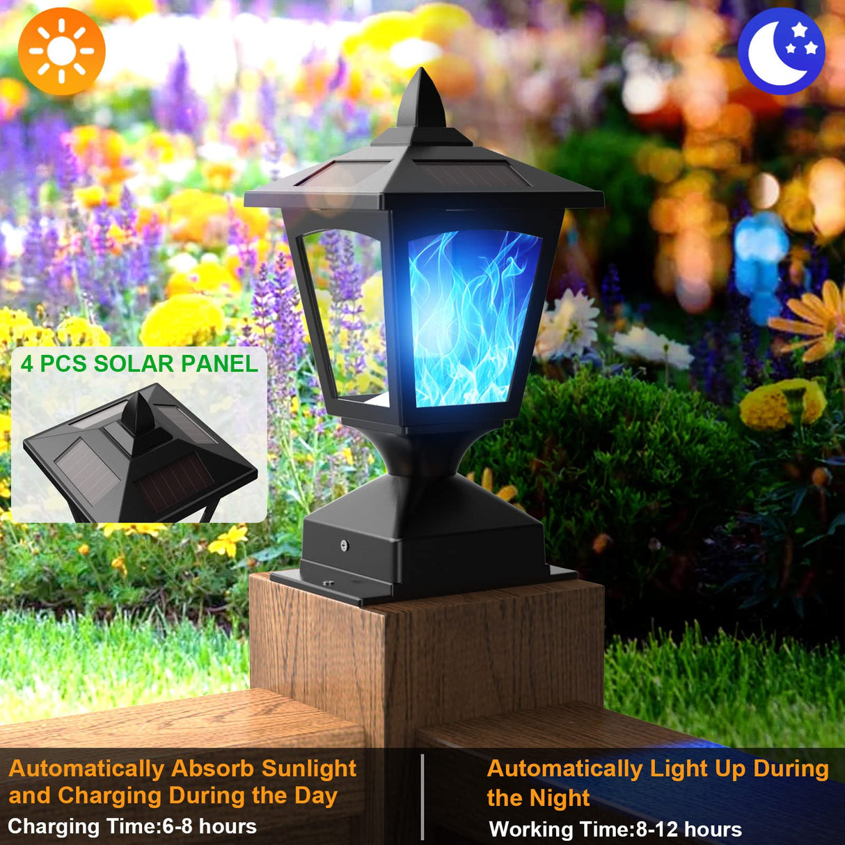 Solar Post Flame Light, Outdoor Deck Fence Post Cap LED Light, Waterproof