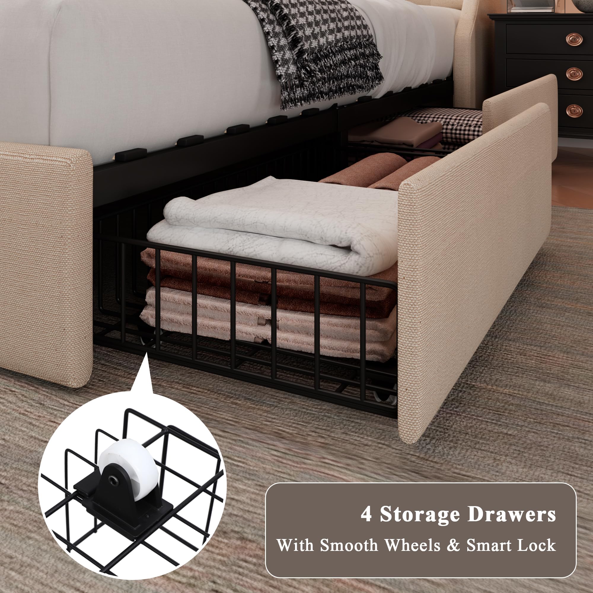 Queen Bed Frame with 4 Storage Drawers, Type-C & USB Port and Charging Station
