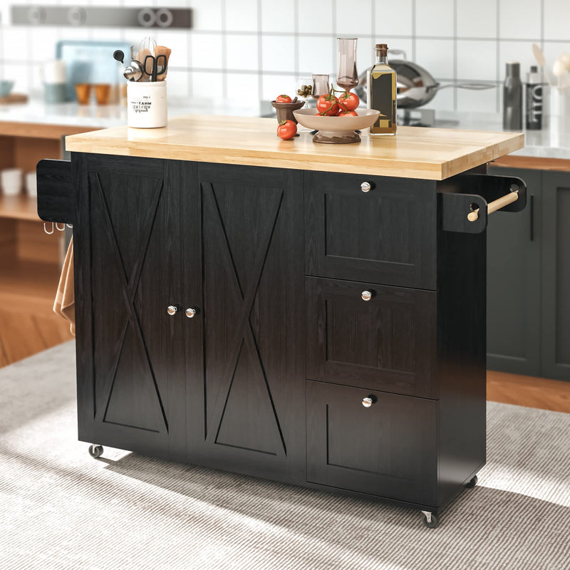 Rolling Kitchen Island Cart with Drop-Leaf Countertop, Barn 3Drawers