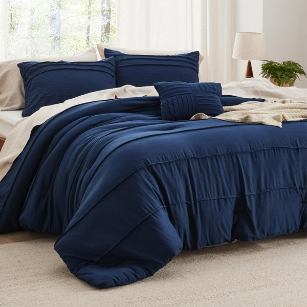 Navy Blue King Size Comforter Set - 4 Pieces Pinch Pleat Bed Set, Down Alternative