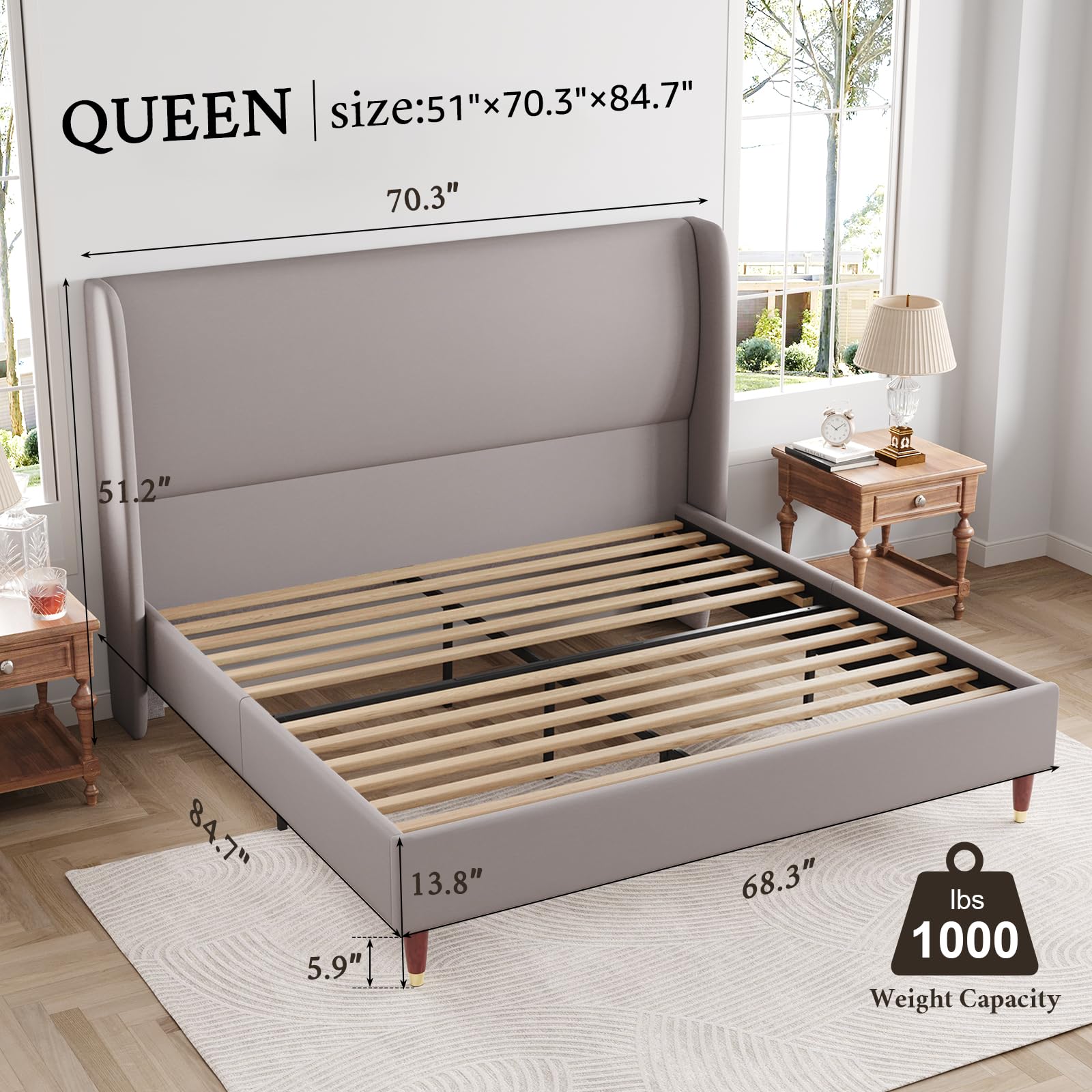 Upholstered Bed Frame Queen Size Platform Bed with Wingback Headboard/No Box
