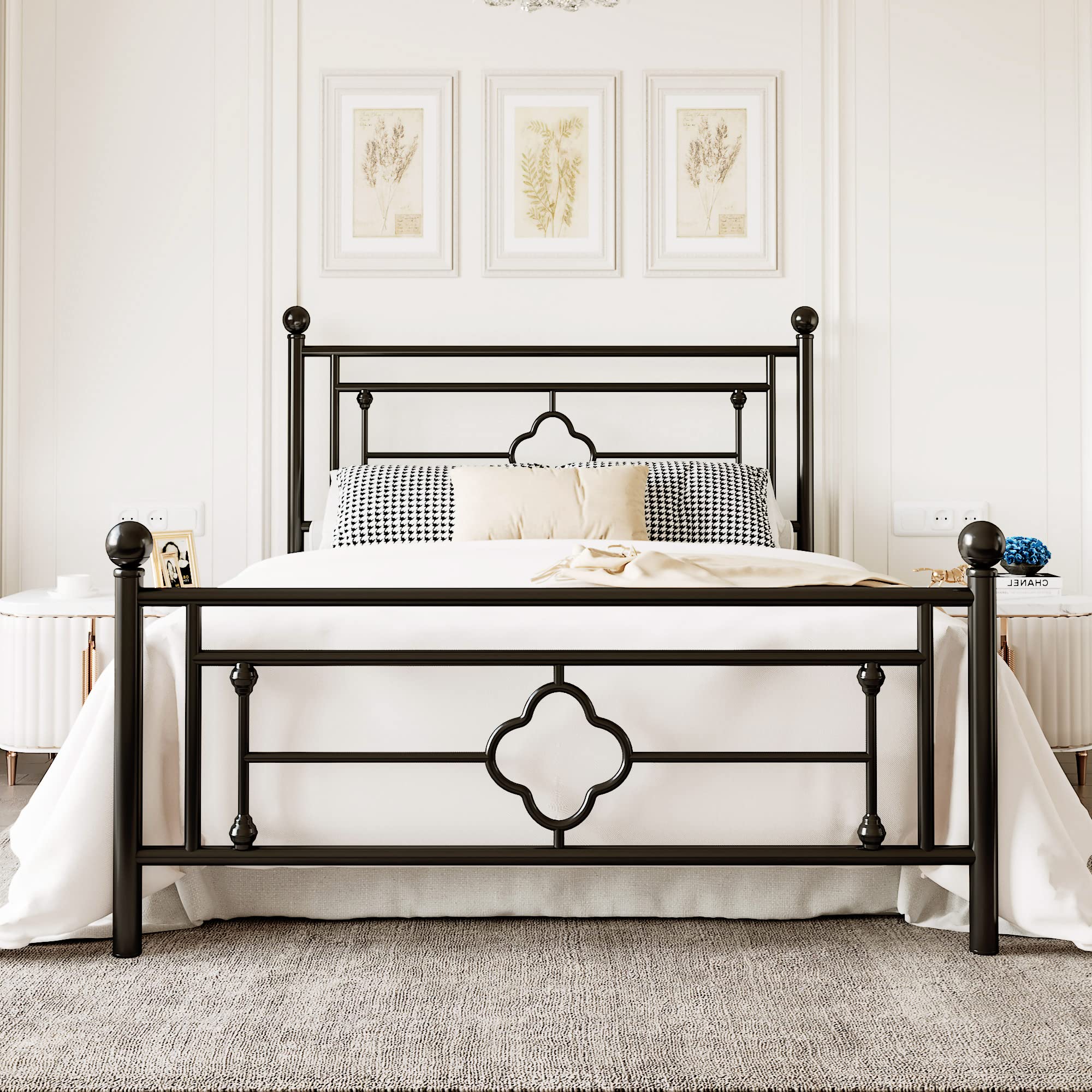 Queen Size Metal Platform Bed Frame with Victorian Vintage Headboard