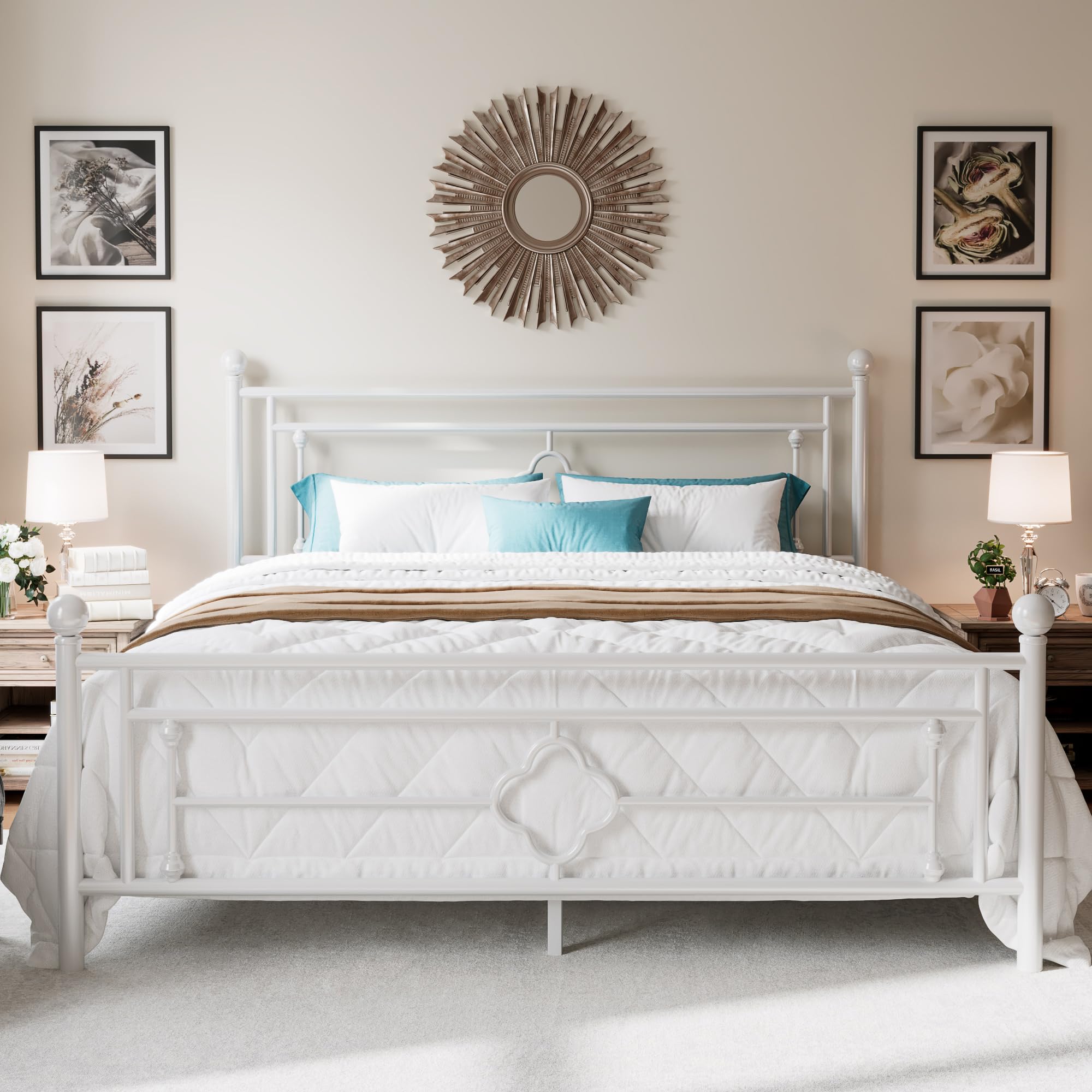 14 Inch Queen Size Metal Platform Bed Frame, Vintage Victorian Style