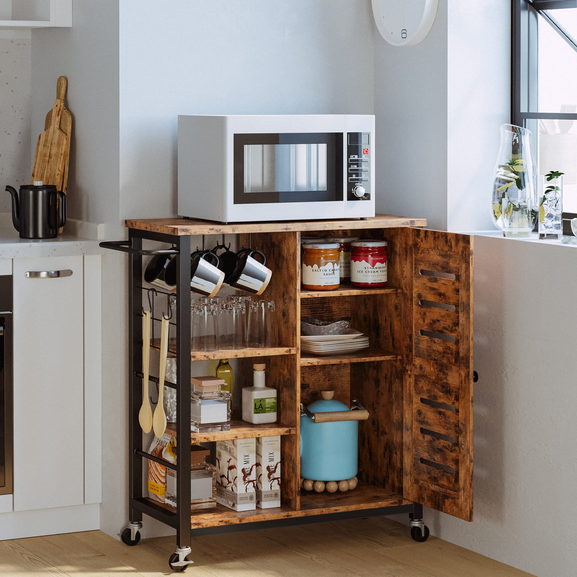 Storage Cabinet with Charging Station and Wheels, Kitchen Cart Cabinet