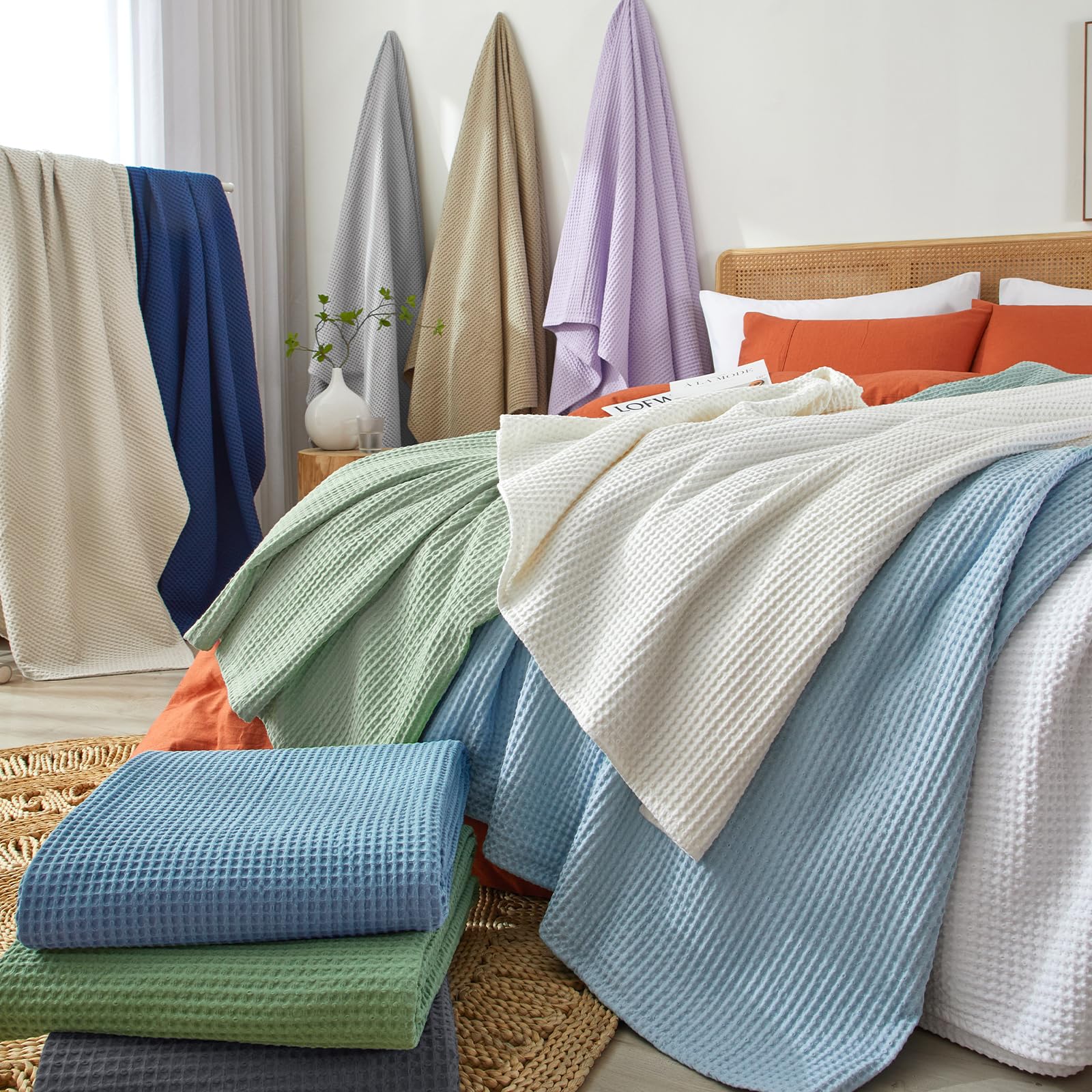 100% Cotton Waffle Weave Blanket King Size 104" x 90"-Lightweight Washed Soft