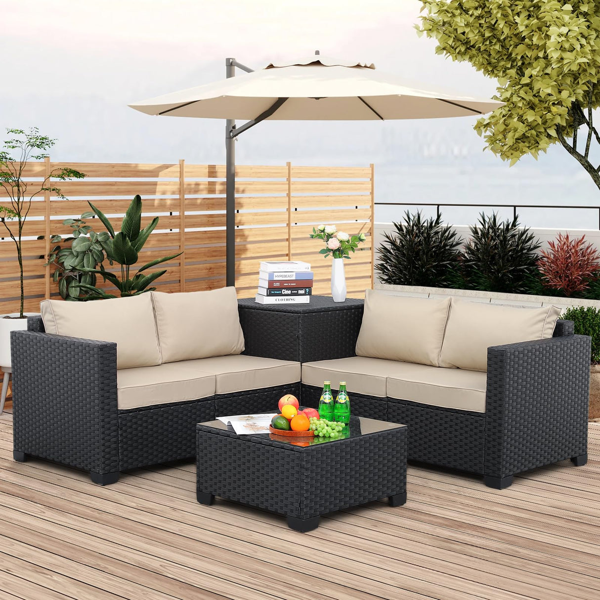 Outdoor PE Wicker Patio Furniture Set 4 Piece Black Rattan Sectional Sofa Conversation