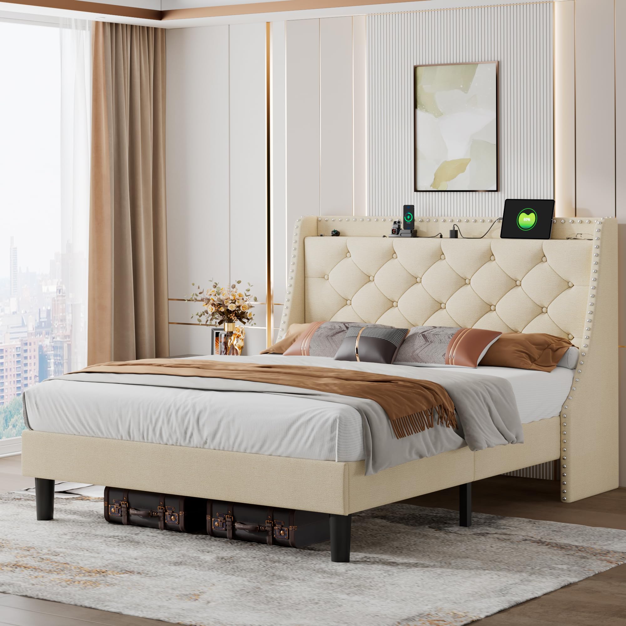 Queen Bed Frame with 16" Deluxe Wingback & USB & Type-C Ports