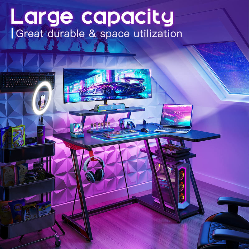 Gaming Desk L Shaped, Small Corner Desk with Storage Shelf & Power Outlets