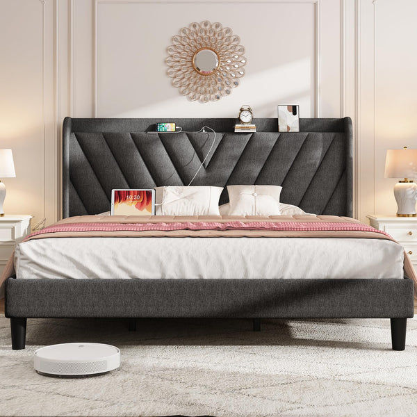 King Bed Frame, Adjustable Upholstered Platform Bed Frame with Type-C&USB Ports