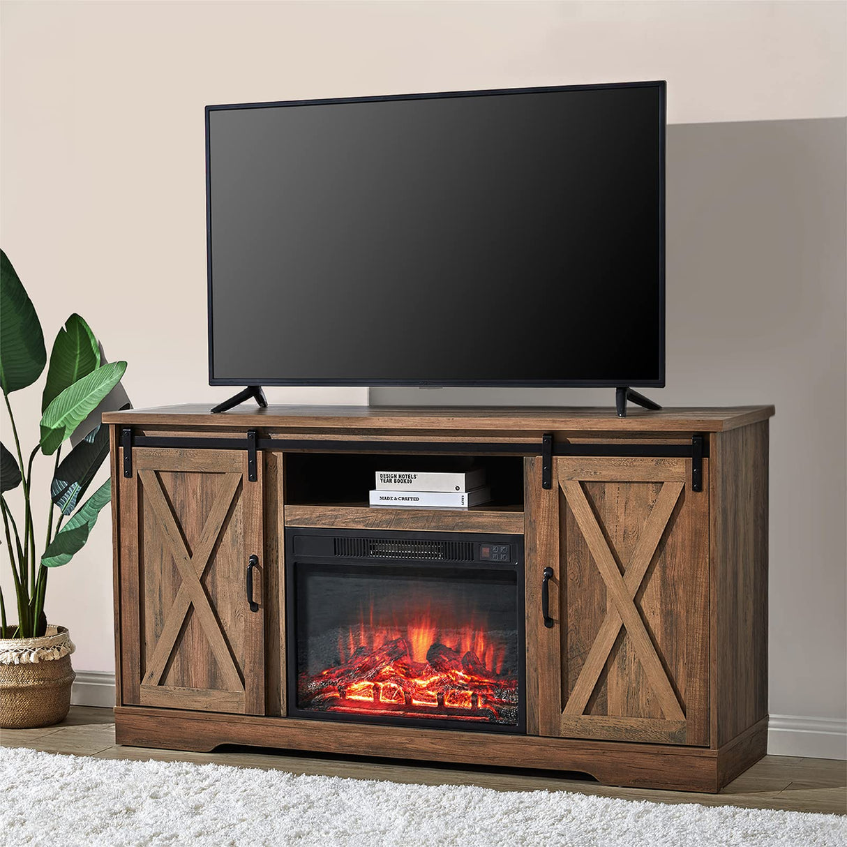 Fireplace TV Stand Sliding Barn Door Farmhouse