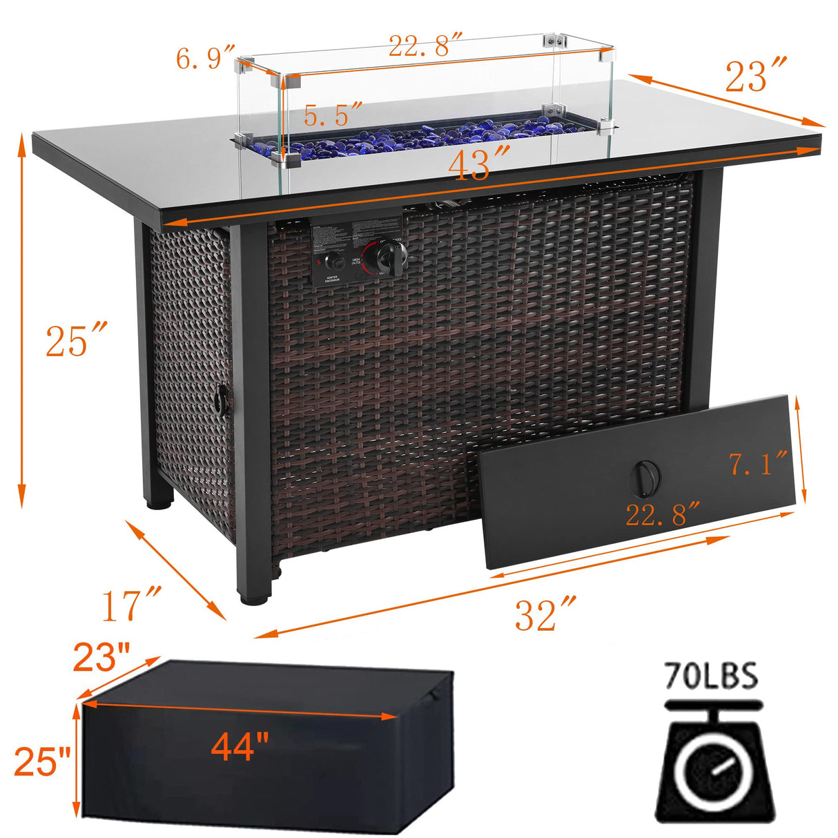 43 Inch Propane Fire Pit Table, 50,000 BTU Rattan Gas Fire Pit Table