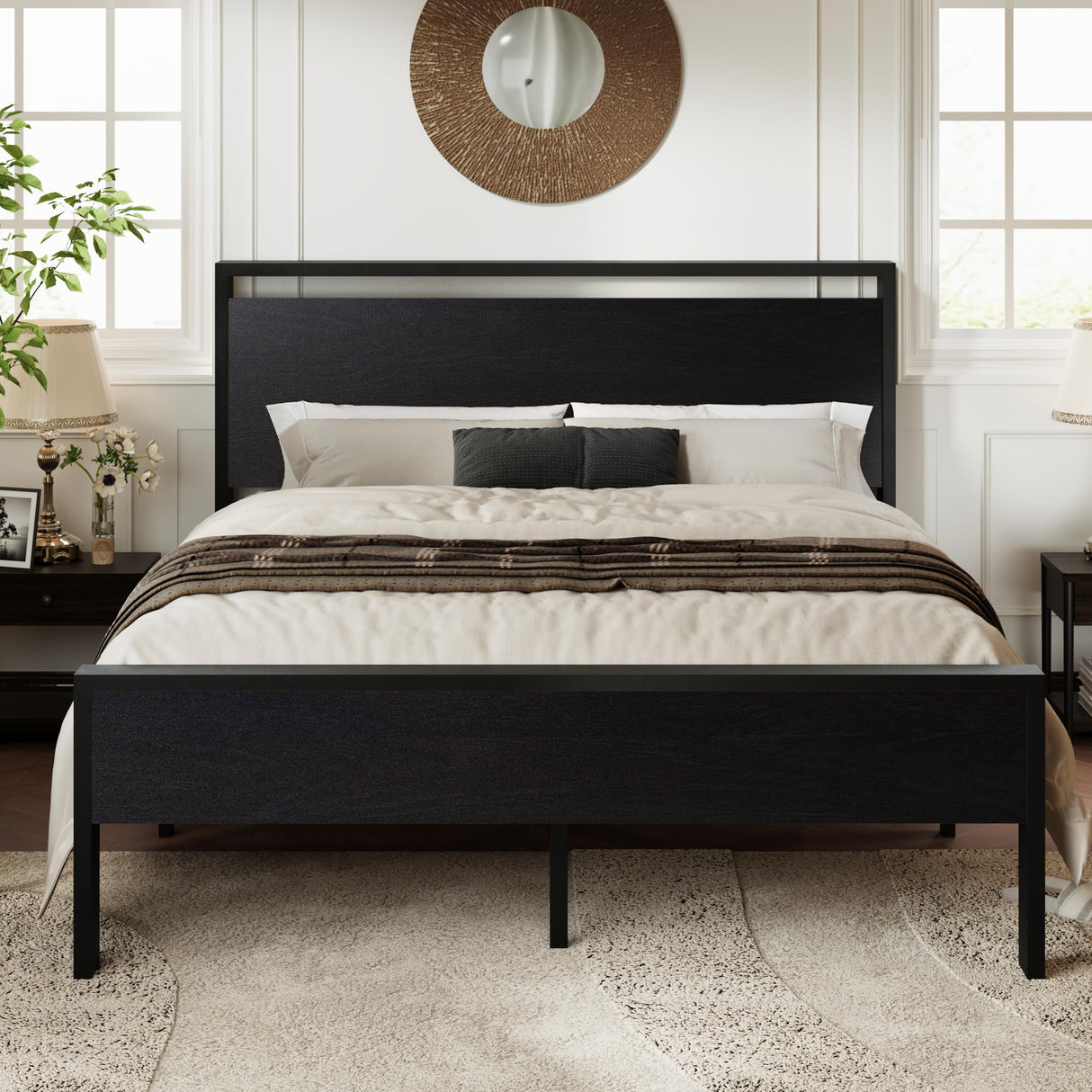 Queen Size Platform Bed Frame with Wooden Headboard and Footboard, Heavy Duty