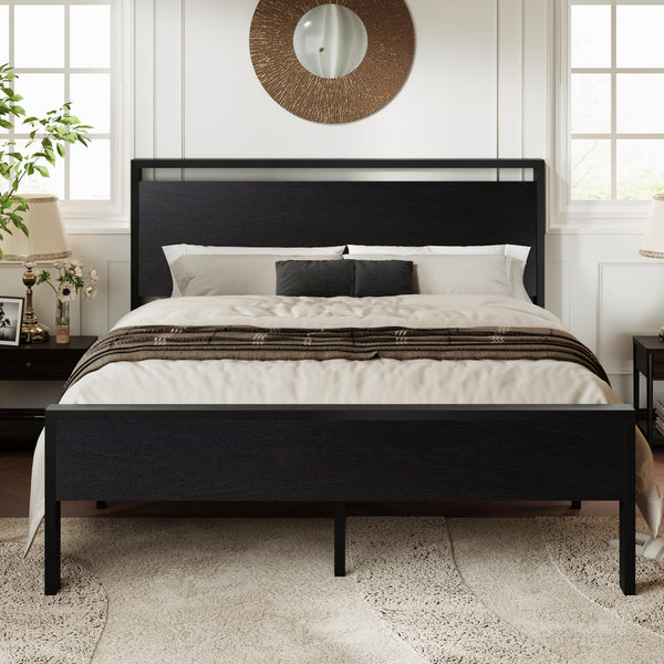 Queen Size Platform Bed Frame with Wooden Headboard and Footboard, Heavy Duty