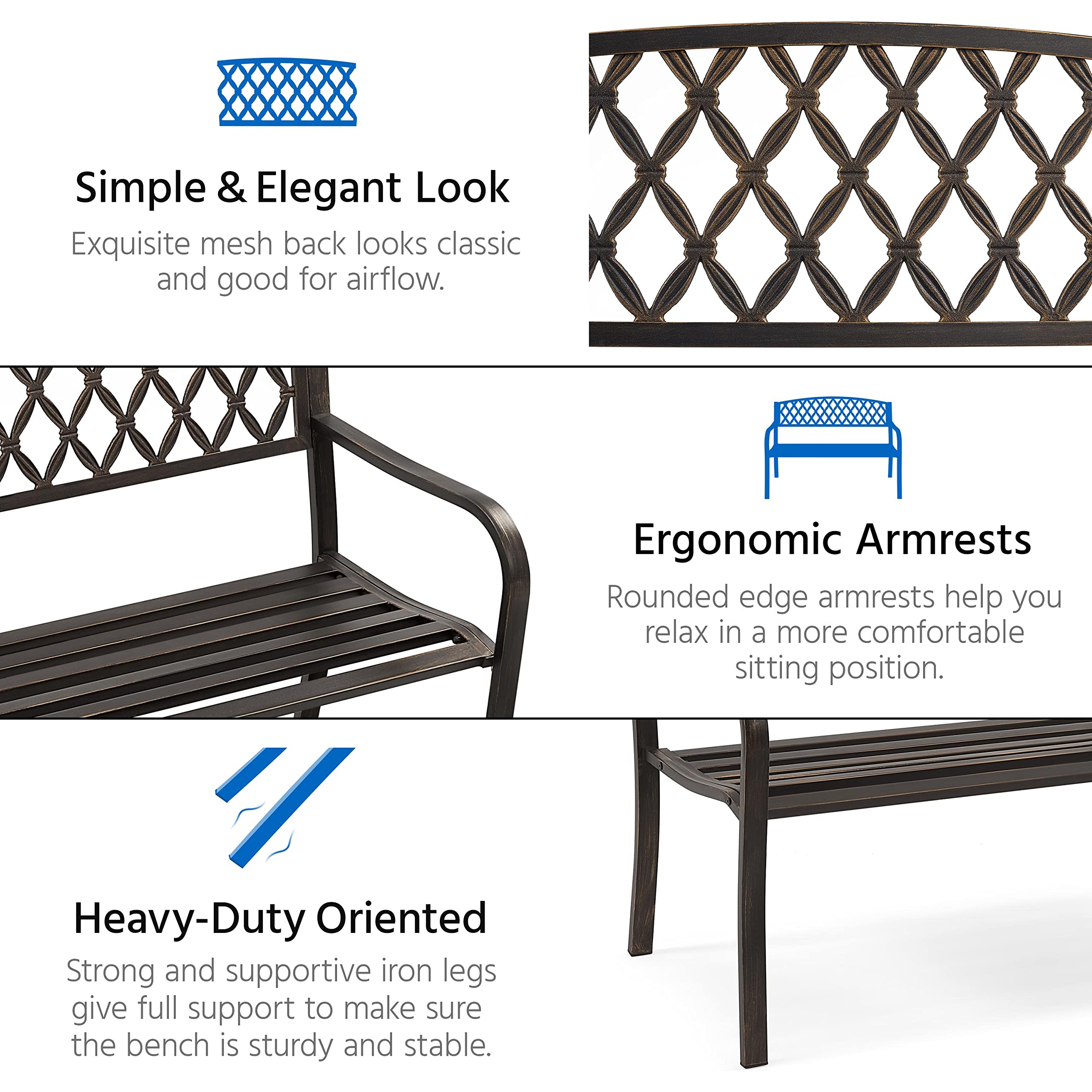 Garden Bench Patio Park Bench, Larger Size Cast Iron Metal Frame Porch Bench
