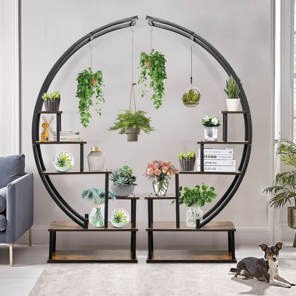 2 Pcs 6 Tier Tall Metal Indoor Plant Stand Half-Moon-Shaped Plant Shelf Holder