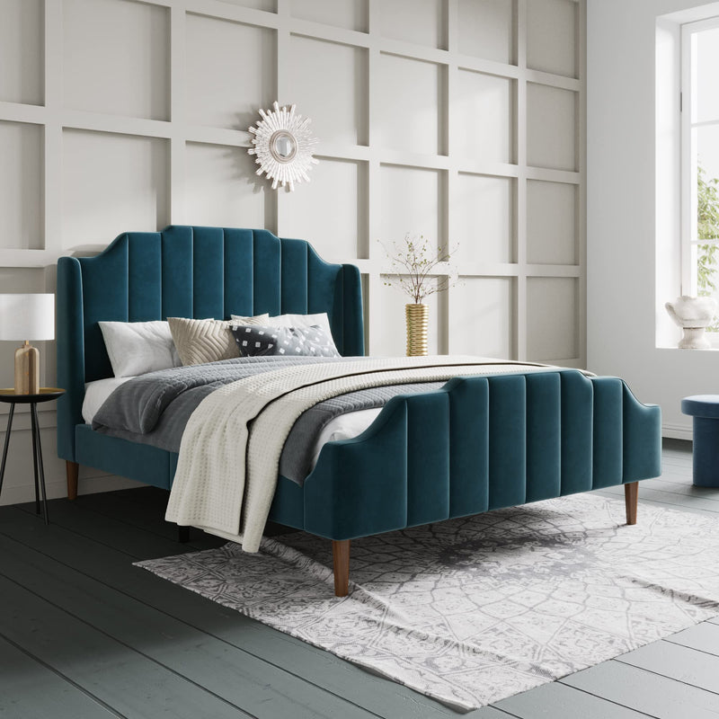 Upholstered Queen Size Bed Frame with Modern Curved Velvet Wingback Headboard