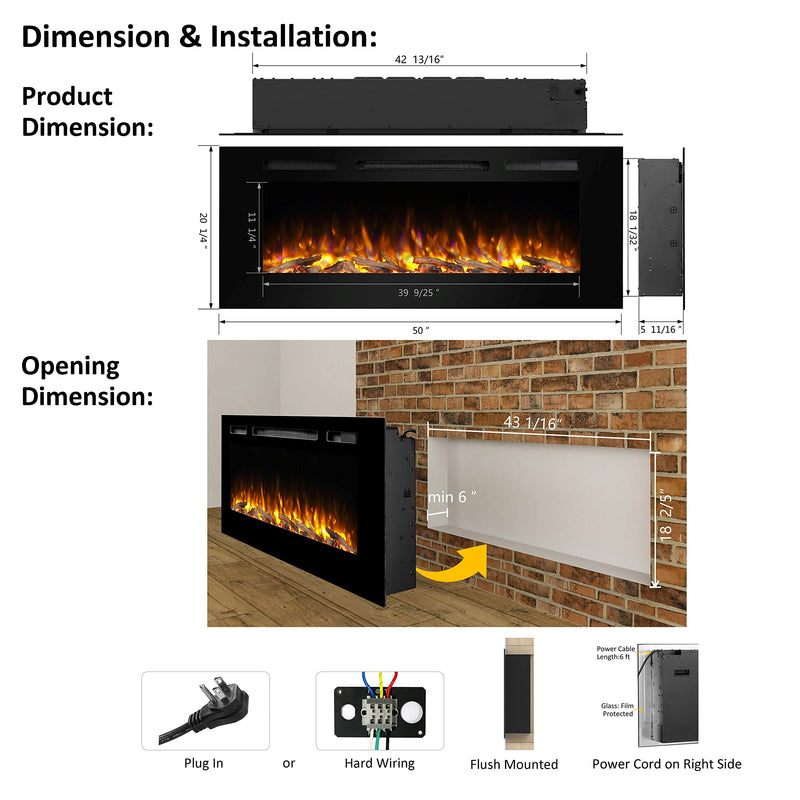 Alice 50 Inches Recessed Electric Fireplace, Flush Mounted for 2 X 6 Stud, Log Set & Crystal