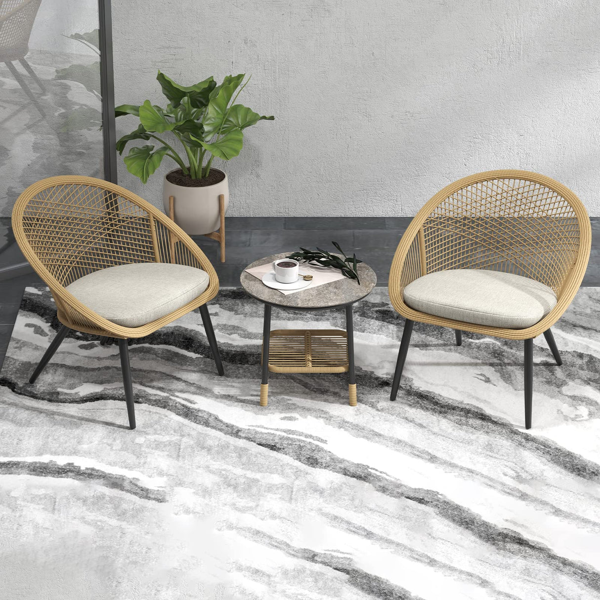 Boho Glam 3 Pieces Wicker Patio Bistro Set, All-Weather Patio Chairs