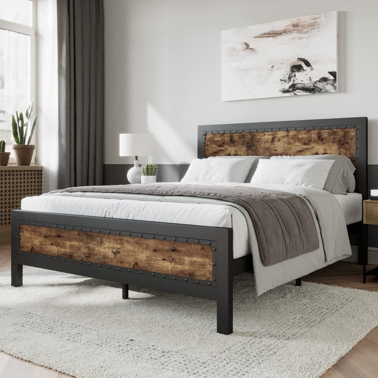 Grey Metal Bed Frame Queen/Industrial Wooden Platform Bed with Rivet Headboard