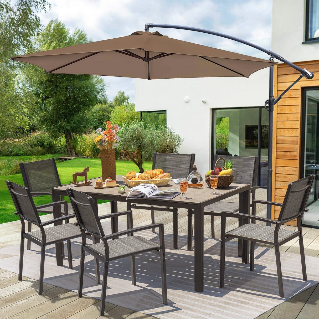 7 Pieces Patio Dining Set Outdoor Furniture with 6 Stackable Textilene Chairs