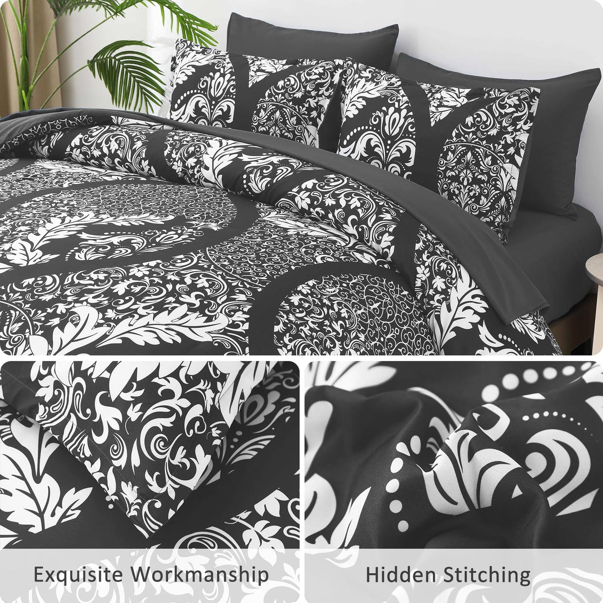 Grey Comforter Set Queen Size, 7 Pieces Bohemian Damask Comforter Set