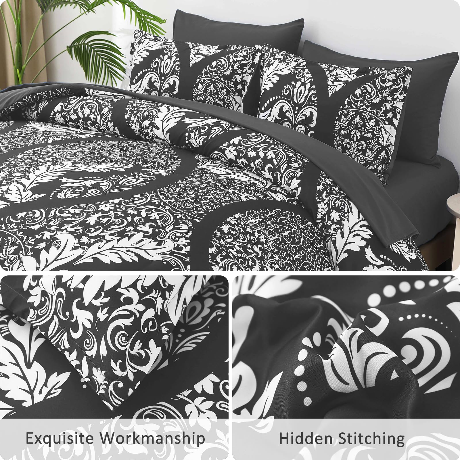 Grey Comforter Set Queen Size, 7 Pieces Bohemian Damask Comforter Set