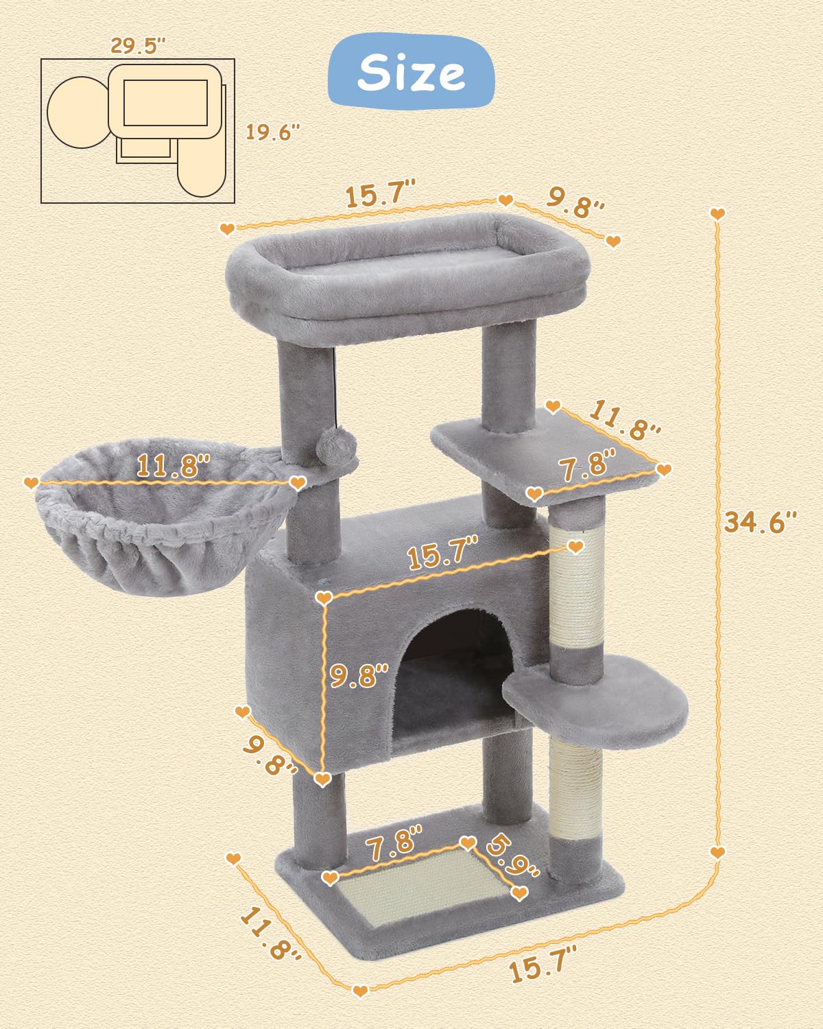 Cat Tree for Large Cats, Cat Tower for Indoor Cats with Large Hammock