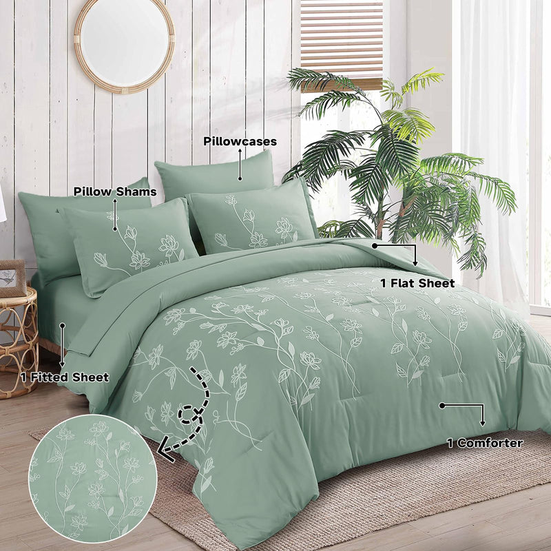 Green Comforter Set Queen, 7 Pieces Bed in a Bag Embroidery Floral Comforter