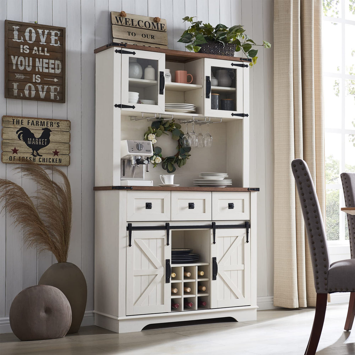 Farmhouse Bar Cabinet, Kitchen Storage Cabinet w/Sliding Barn Door