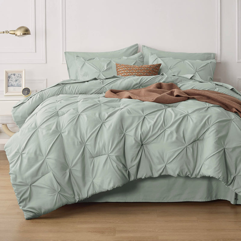 Green Comforter Set Queen - Bed in a Bag Queen 7 Pieces, Pintuck Beddding Sets Green