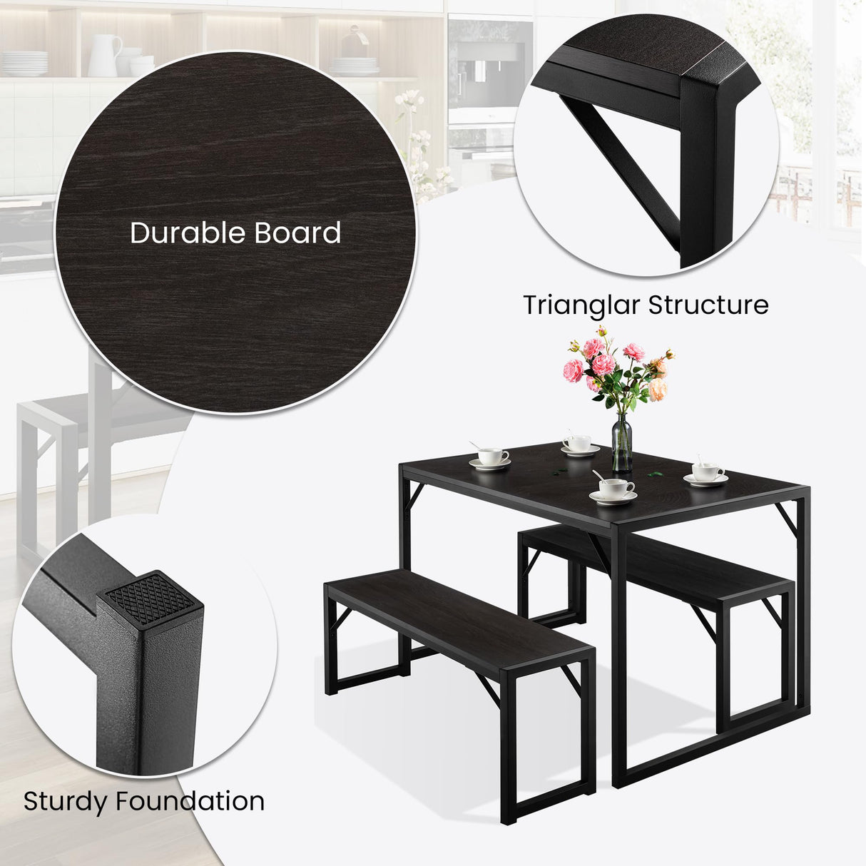 Dining Table Set with Two Benches, Rustic Kitchen Table Set for 4 People, Space-Saving