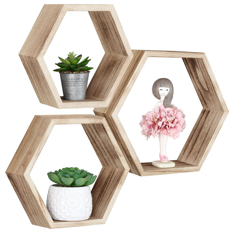 Hexagonal Floating Shelves Wall Mounted Set of 3 Wood Farmhouse Storage Honeycomb Wall Shelf