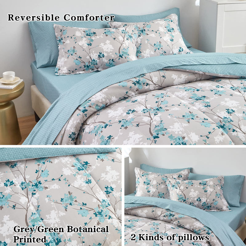 Gray Botanical Bed in a Bag Queen Size 7 Pieces, Aqua Grey Leaves Elegant Floral