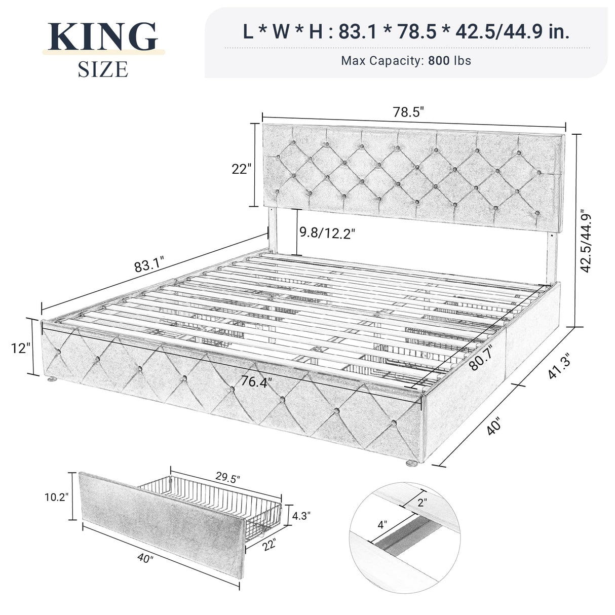 Upholstered King Size Platform Bed Frame with 4 Storage Drawers