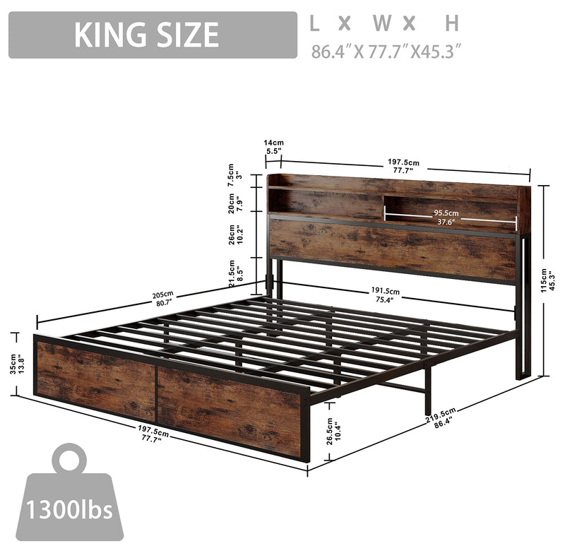 IRONCK King Size Bed Frame, Bookcase Headboard with Charging Station, Platform Storage Bed, Solid and Stable, Noise Free, No Box Spring Needed, Vintage Brown