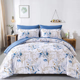 7 Pieces Floral Reversible Bed in a Bag Gold and Blue Leaves Bedding Set