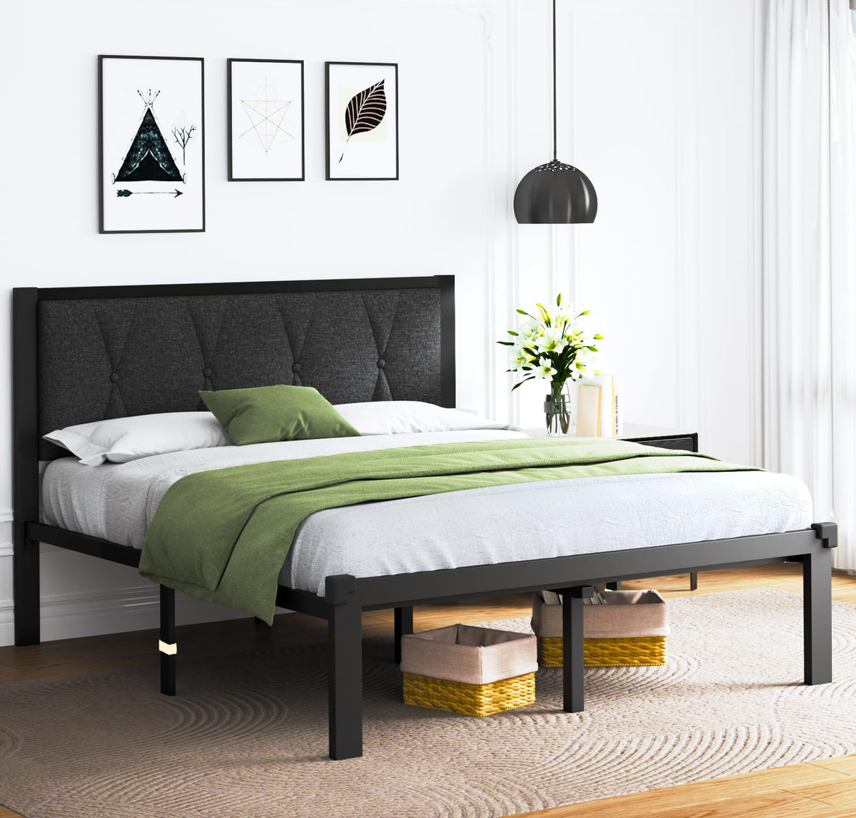 Queen Size Metal Bed Frame with Fabric Button Tufted Headboard, Platform Bed Frame