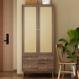 Rattan 2 Door Wardrobe Closet with 4 Small Drawers, Farmhouse Armoire Wardrobe with Hanging Rod, Gold Metal Handles