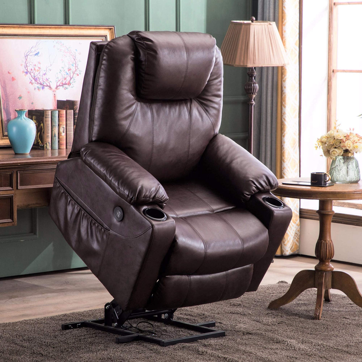 Electric Power Lift Recliner Chair Sofa with Massage and Heat for Elderly, 3 Positions, 2 Side Pockets, and Cup Holders