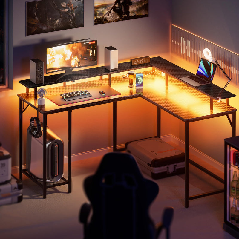 L Shaped Gaming Desk with Power Outlets & LED Lights, Computer Desk