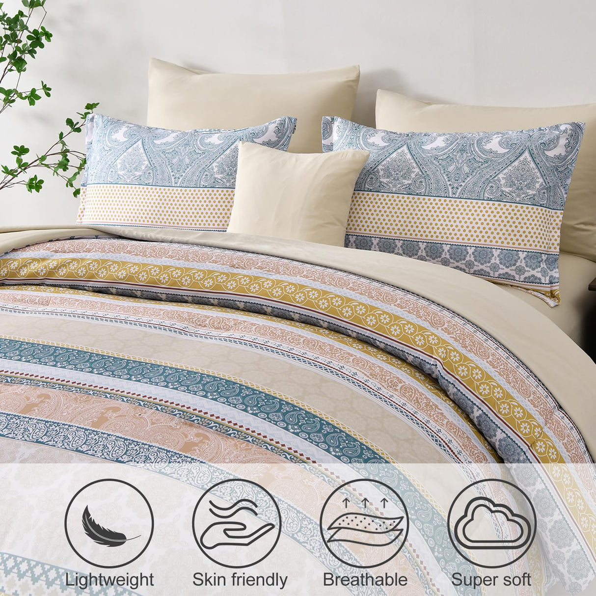 Boho Comforter Set Full Size 8 Piece Bed in a Bag Bohemian Striped Bedding Quilt Set Aqua Paisley