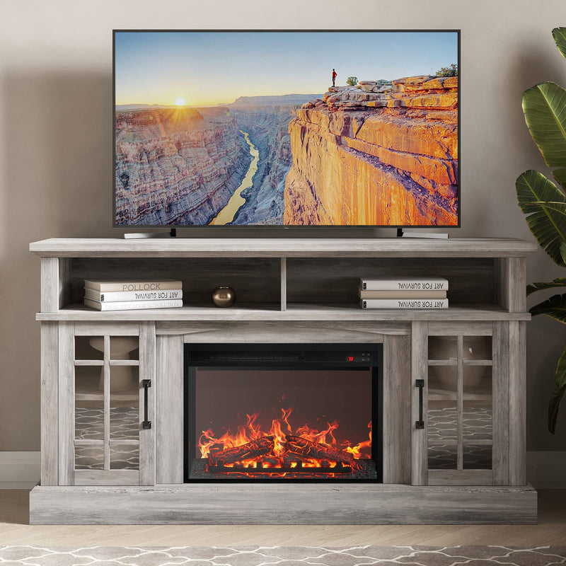 Traditional 58" Rustic TV Stand with 23" Electric Fireplace Heater, Media Entertainment