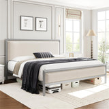 King Size Silver Metal Bed Frame with Velvet Upholstered Headboard, Platform Bed