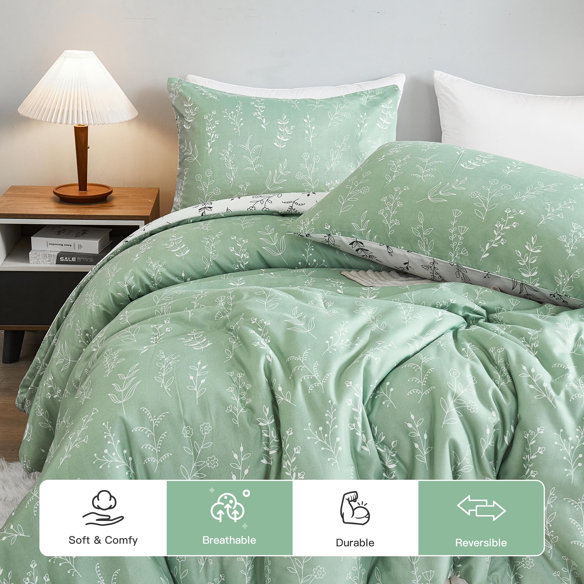 3 Pieces Reversible Cute Floral Bedding Comforter Sets Sage Green
