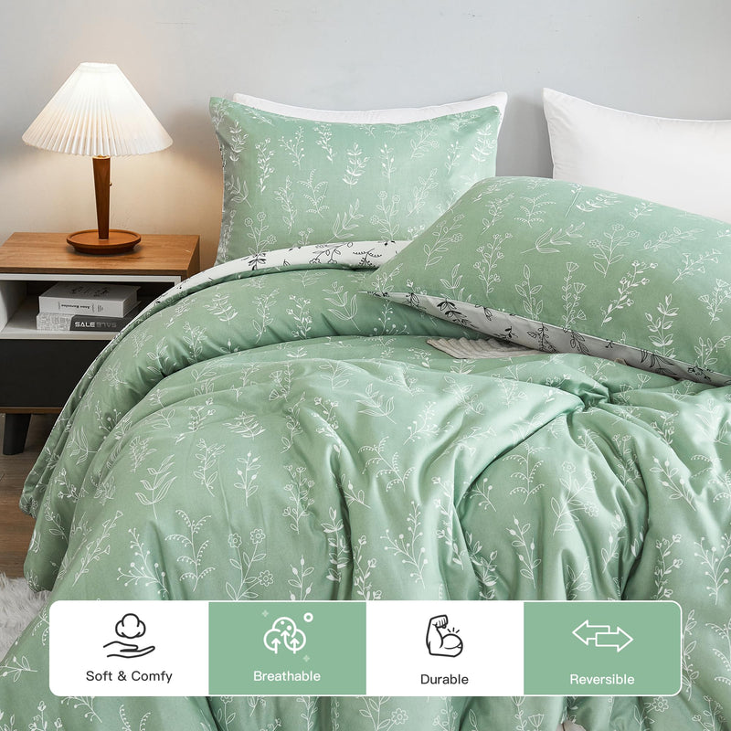 Queen Comforter Set, 3 Pieces Reversible Cute Floral Bedding Comforter Sets Sage Green