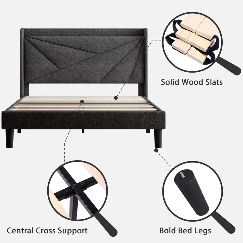Queen Size Bed Frame with Type-C & USB Ports, Upholstered Platform Bed Frame