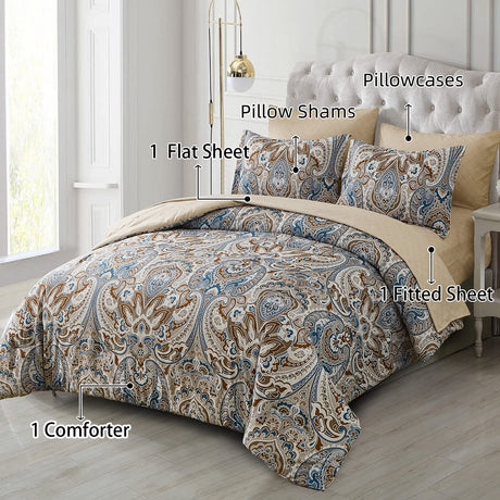 Paisley Comforter Set Queen,  Bed in a Bag Comforter Boho Paisley Pattern Bedding