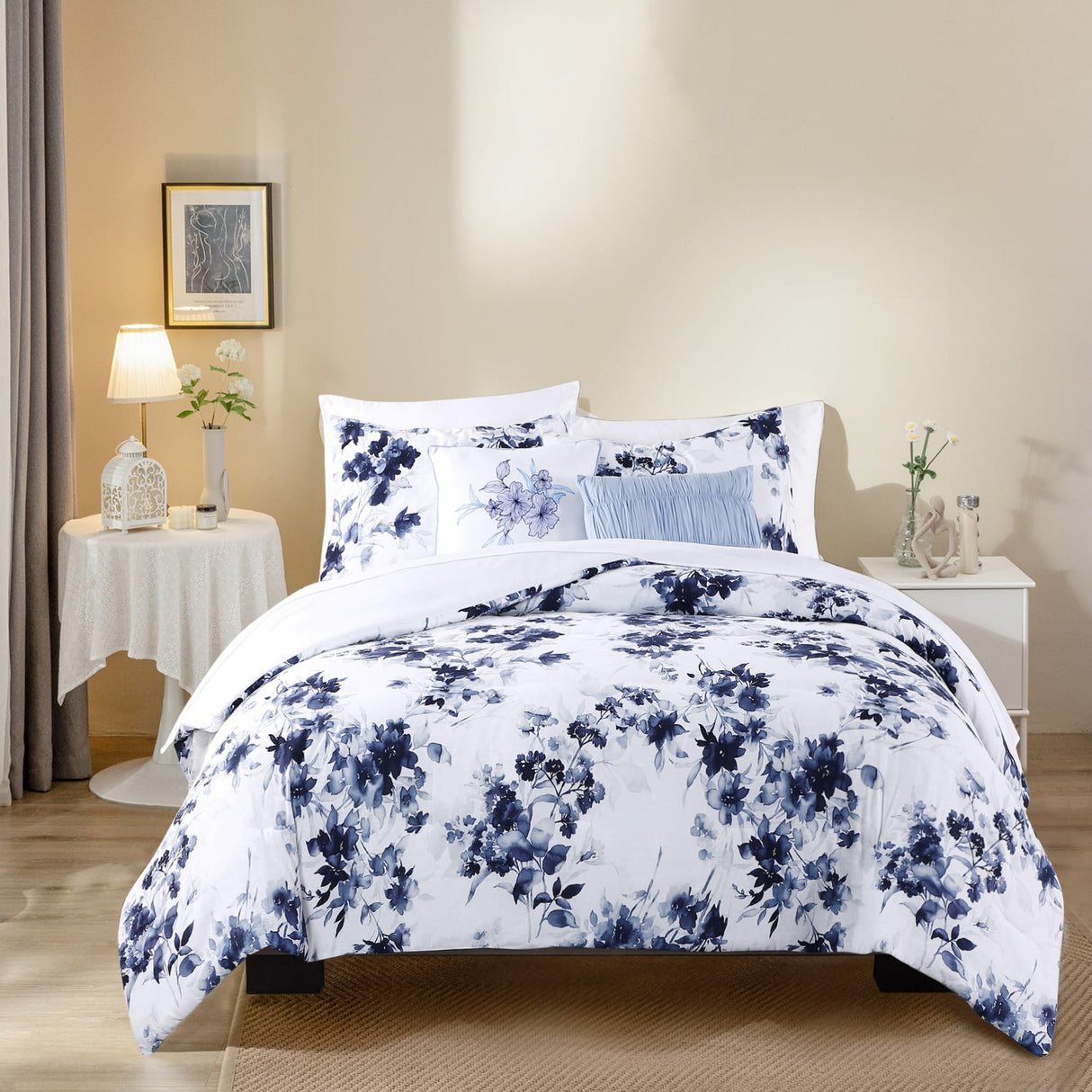 Cotton Comforter Set Queen Size, 5 Pieces Navy Blue and White Queen Floral Comforter